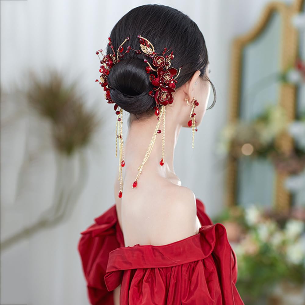 Set di 2 fermagli per capelli con nappe rosse e orecchini a forma di fiore, accessori per capelli da sposa cin
