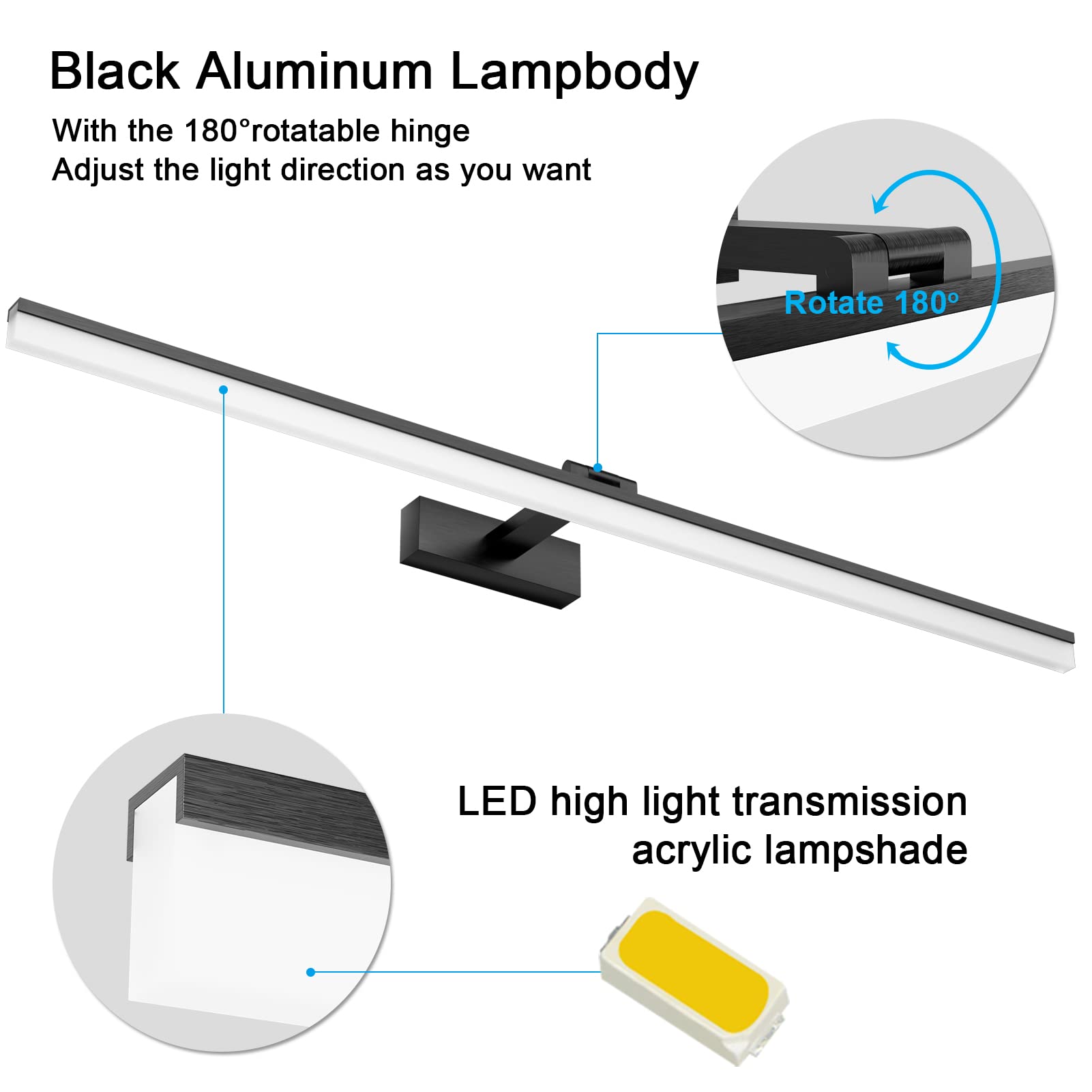 Klighten Lámpara de Espejo Baño 100CM luz Baño Lámpara de Pared Espejo Iluminación para Maquillaje 28W Blanco Frío 6000K 1560LM No-regulable (Negro)