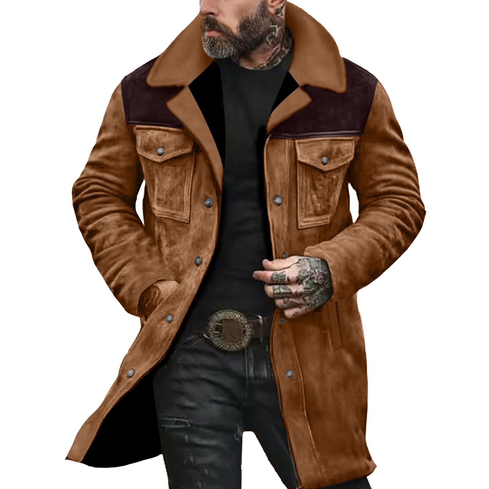 Giacca invernale da uomo, lunga, con bottoni e tasche | Giacca in pelle scamosciata patchwork, colletto a risvolto, cerniera, giacca per le mezze stagioni, con bottoni
