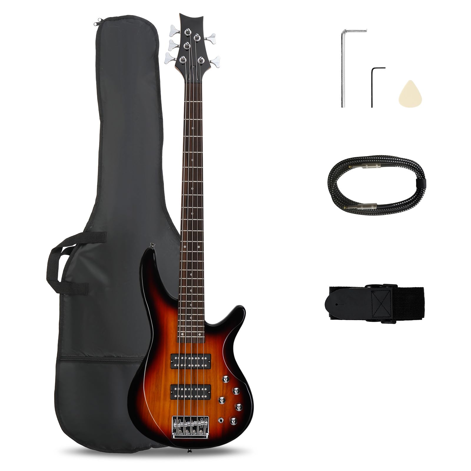 Ktaxon 5 String Electric Bass Guitar, Full Size Standard Right Handed Rosewood Fretboard Bass Kit with Gig Bag Strap Cable Wrench Tool (Upgraded Sunset)