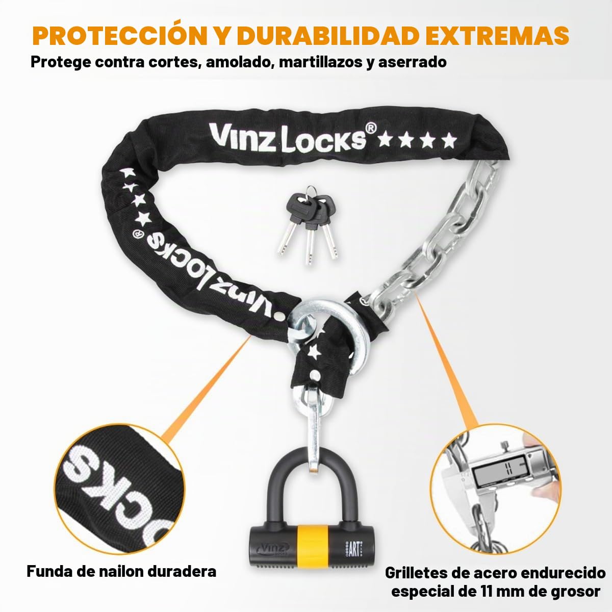 VINZ Trivor Candado de Moto Disco | Antirrobo con Llave | Homologada ART 4 | Testado Acero Endurecido ø11mm | Candado de Cadena/Cadena de cerradura para Motos & Scooters - 150cm