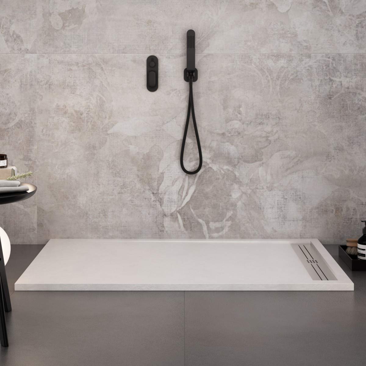 Luminosa ArredoBagno Plato de ducha marmoresina 80 x 120 cm – Efecto piedra antideslizante con gel – Modelo Paris Color blanco – Parrilla inoxidable y desagüe incluidas