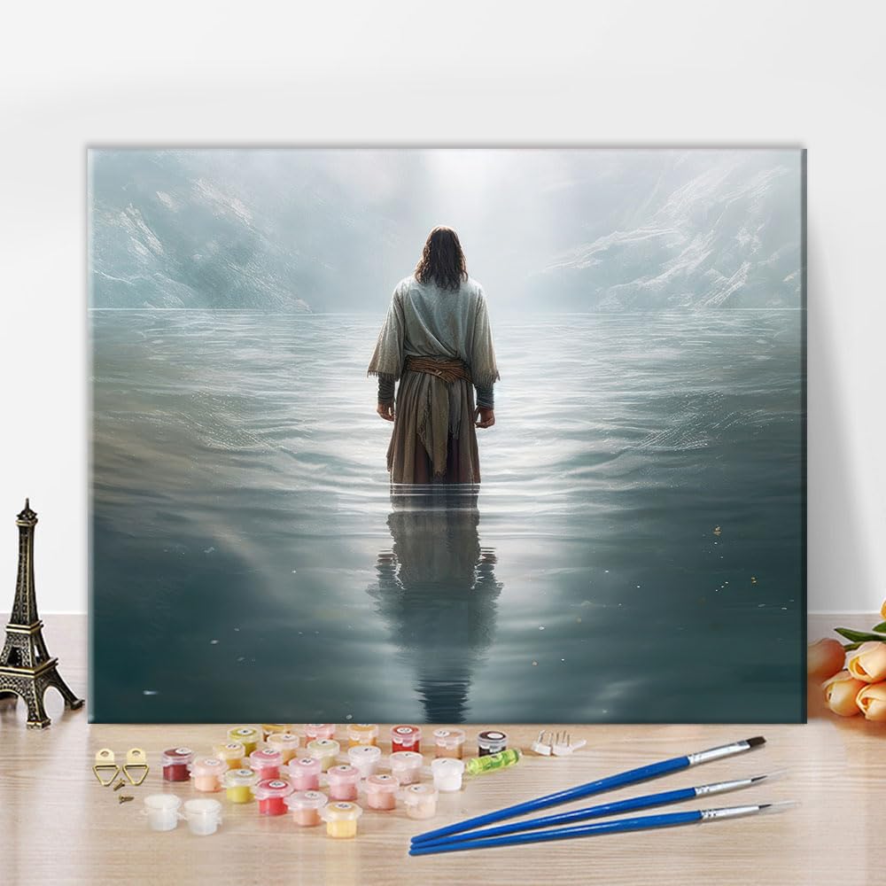 DIY Jesus in the Water Paint by Numbers for Beginner Watercolor Set for Canvas and Painting Set for Gift Home Decoration Wall Decor Easy Jesus Paint by Numbers Kit for Adults 16x20 Inch Without Frame