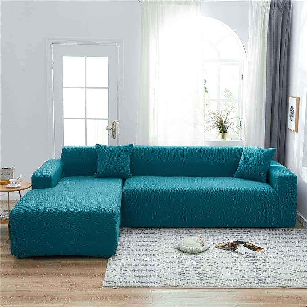 Housses de canapé tissu polaire bleu paon 4 places en forme de L moderne