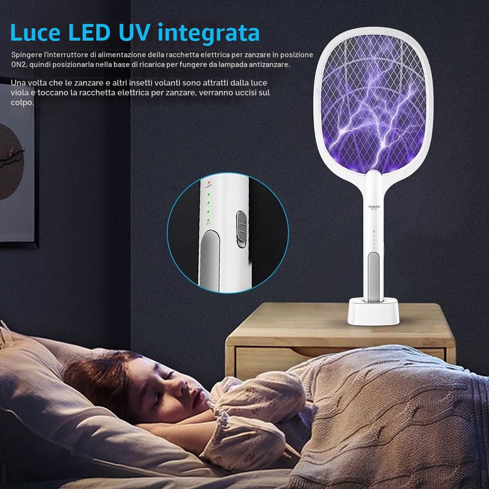 DANGZW Racchetta Zanzare Elettrica, 2 in 1 4000V USB Ricaricabile Mosquito Killer & Elettrico Swatter Zapper con Base di Ricarica per Casa Giardino Campeggio