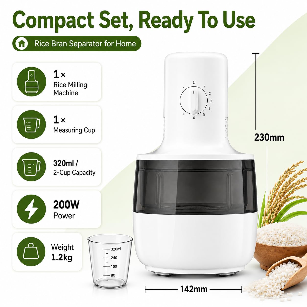 Macchina per fresatura e sbucciatura del riso con separatore automatico di crusca, 320 ml, precisione a 7 marce per grano, cereali e cereali, uso domestico efficiente