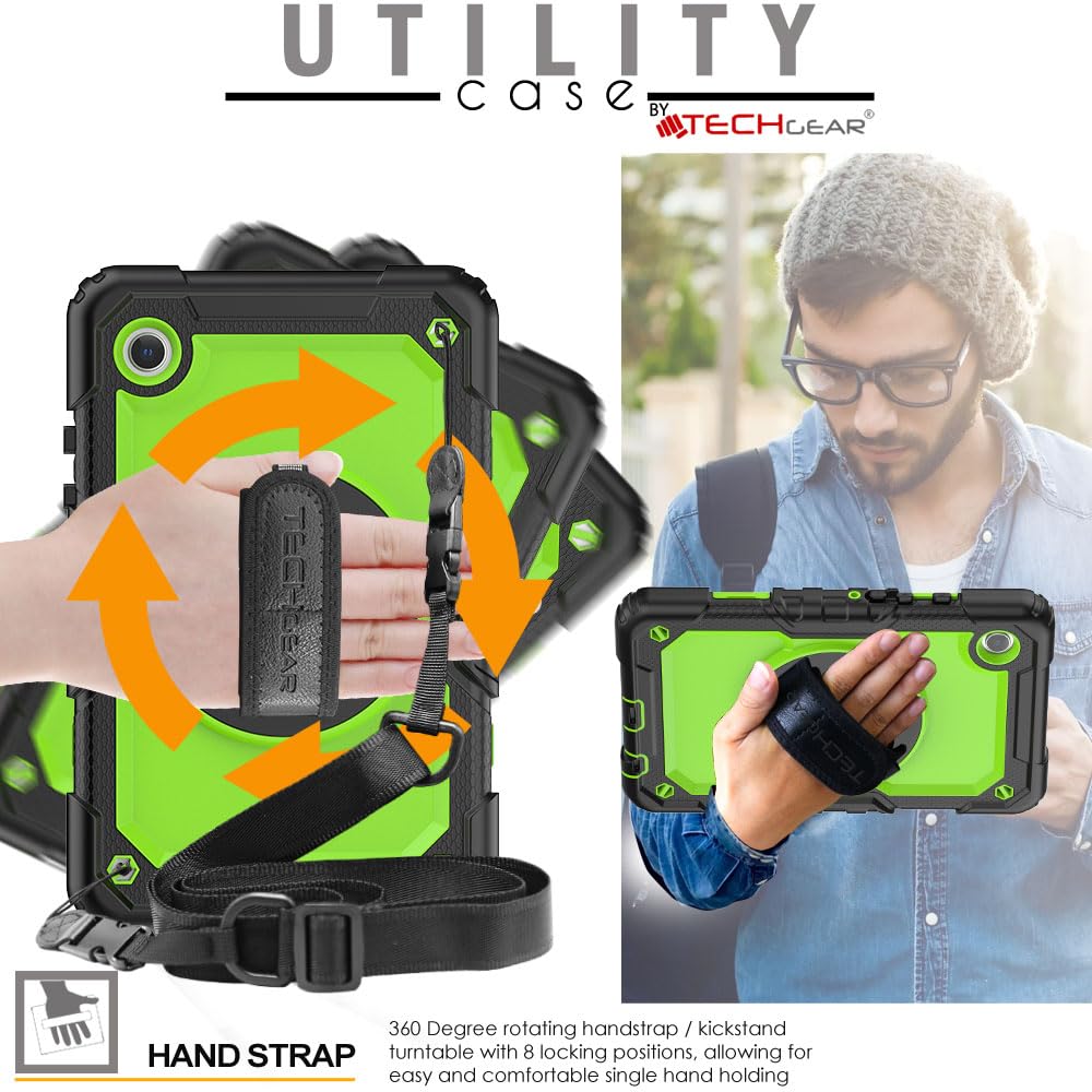 TECHGEAR UTILITY Etui pasuje do Samsung Galaxy Tab A9 22.1 cm (SM-X110 / SM-X115), wytrzymałe, wytrzymałe etui odporne na wstrząsy, z obrotowym stojakiem 360, paskiem na rękę i paskiem na ramię,