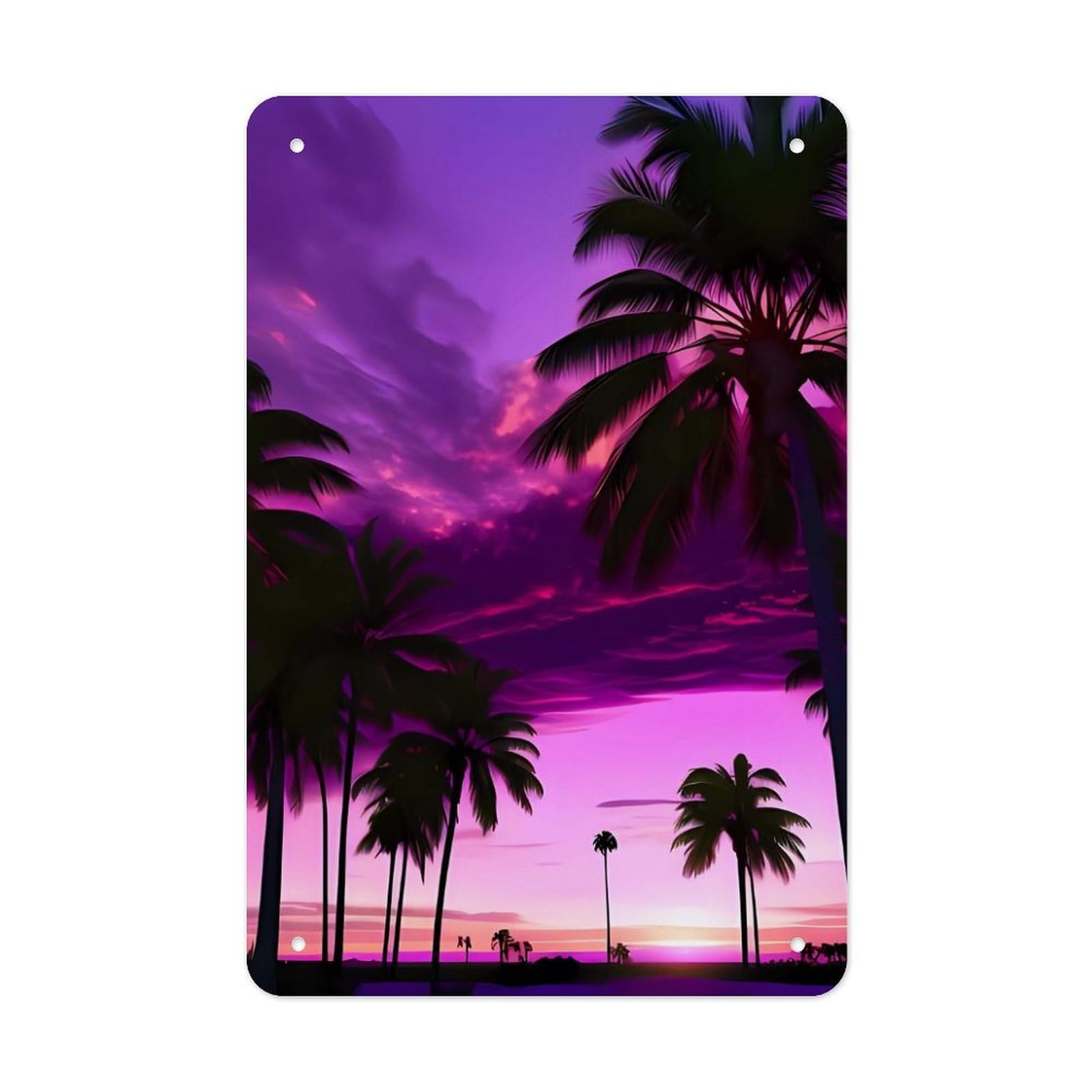 QMNLKH Palm Tree Purple Sunset Plaques for Wall Decor, Personalized Metal Tin Sign for Home, Multifunctional Poster for Office, Fashion Painting for Hallway, Wall Art Pictures, 7.9x11.8Inch