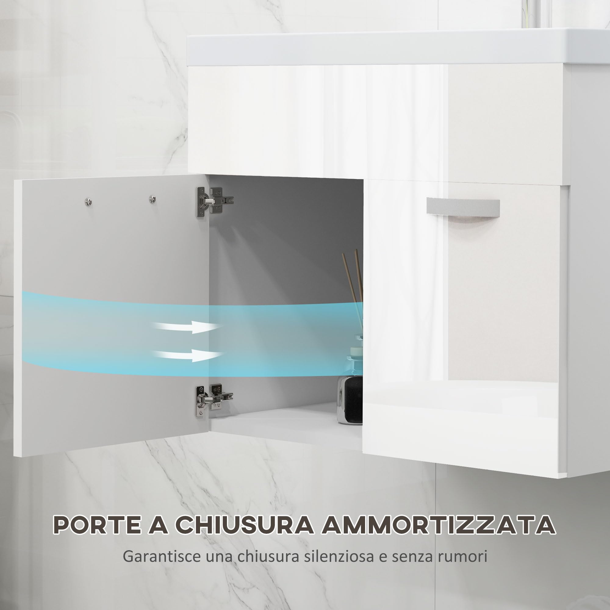 kleankin Mobile Bagno Sospeso con Lavabo, Mobile a 2 Ante con Lavandino e Cerniere Ammortizzate, 61x40x50cm, Bianco Lucido