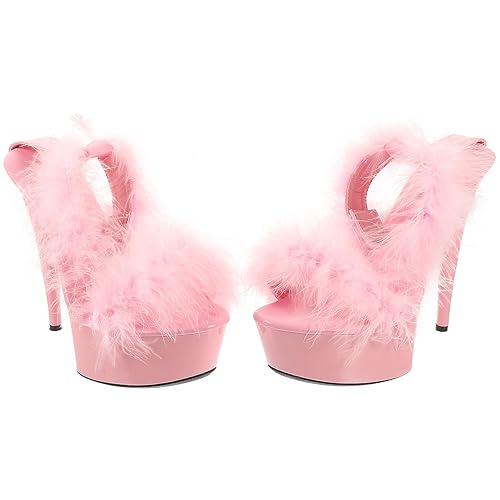 LIFKOME Super High Heel Fur Shoes Formal High Heels Platform Furry Heels with Ankle-Strap Women Sandals Lady Sandals Stripper Fancy - 8.5 - Pink