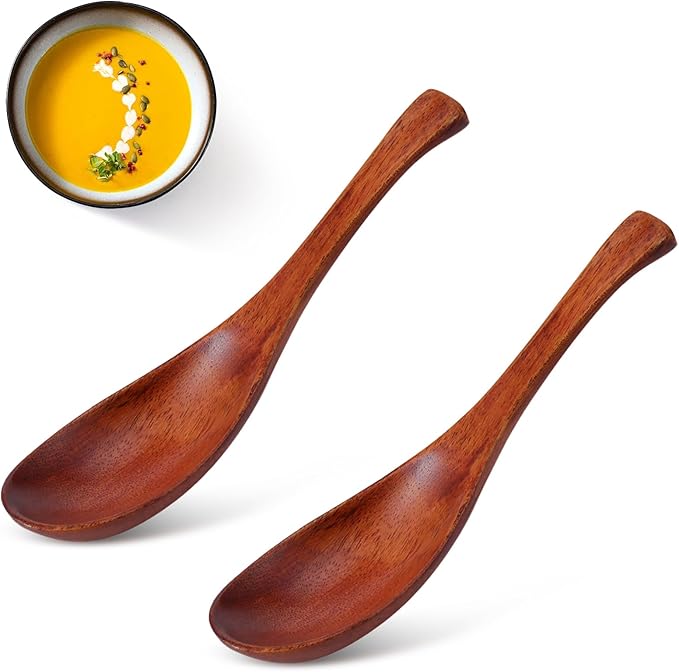 Cyrank 2 Stück Holzlöffel, Esslöffel Suppenlöffel aus Holz, Japanischen Ramen-Suppenlöffel, Japanischer Suppenkelle Mit Griff, 6,1 Zoll, kurzer Griff, Tafellöffel, Küche, Kochen, Verkostung