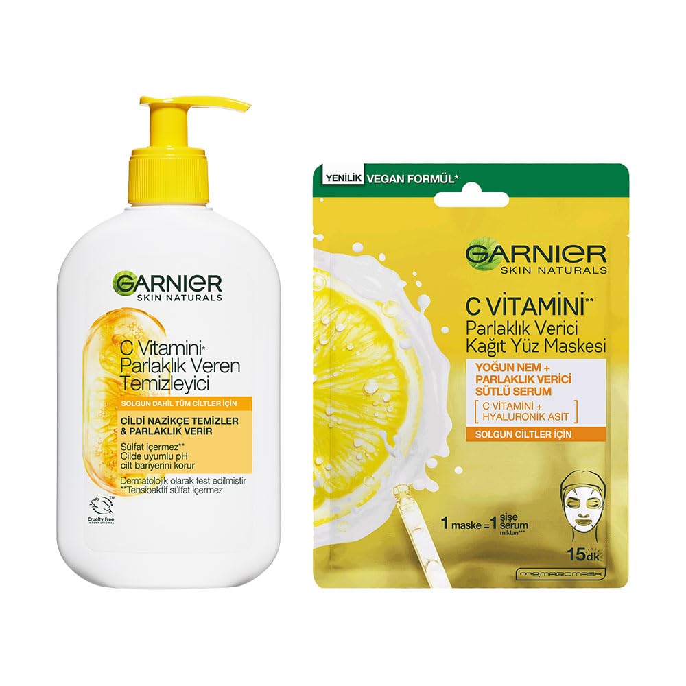 Garnier C Vitamini Parlaklık Veren Temizleyici 250 ML & C Vitamini Parlaklık Verici Kağıt Yüz Maskesi Cilt Bakım Seti