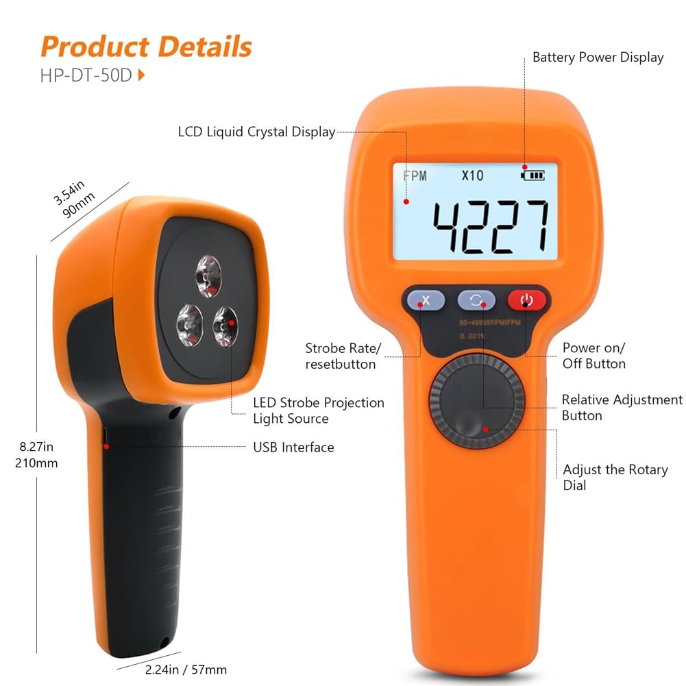 Estroboscopio Digital de Mano Que Mide Entre 60 y 49 999 RPM, Tacómetro Estroboscópico Sin Contacto, Tacómetro de Alta Precisión del 0,001%