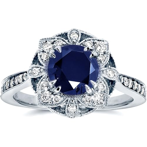 Kobelli Antique Style Floral Sapphire and Diamond Engagement Ring 1 1/2 Carat (ctw) in 14k White Gold