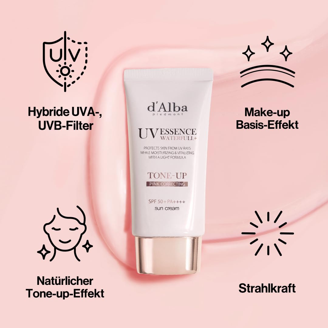 d'Alba | Italienischer weißer Trüffel Waterfull Tone-up Sunscreen 50ml, SPF/LSF 50+PA++++, Reiner und Veganer Hybrider Rosafarbener Feuchtigkeitscreme, Leuchtender und Aufhellender Sonnenschutz