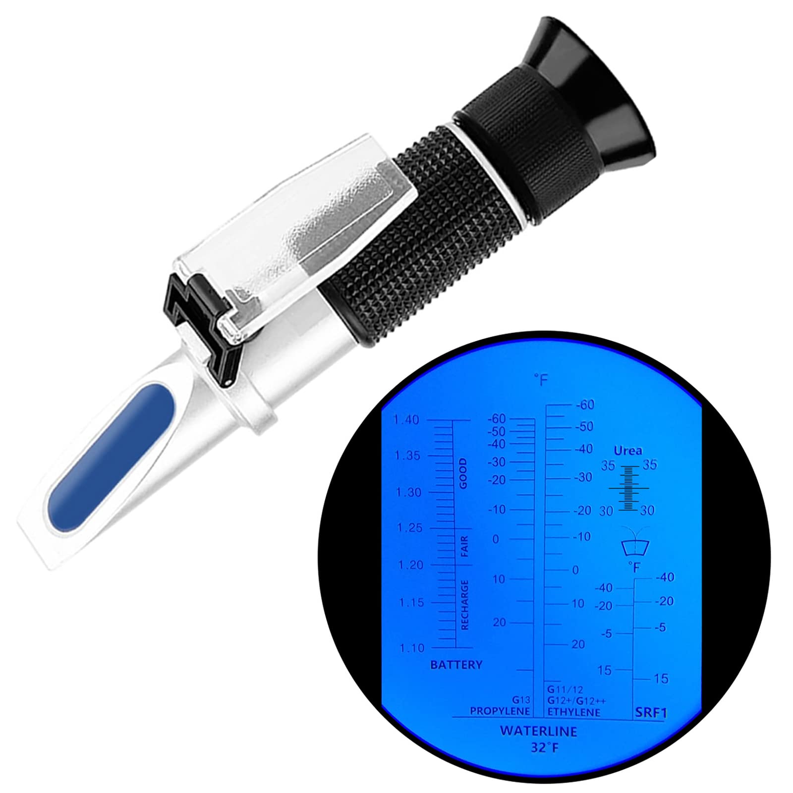 Antifreeze Refractometer in Fahrenheit 4 in 1 Antifreeze Tester Coolant Refractometer Ethylene Propylene Glycol Refractometer for Antifreeze System Diesel Exhaust Fluid, Battery Acid