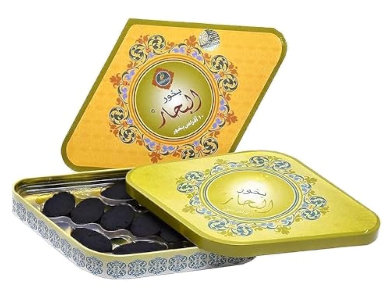 Khadlaj Bakhoor Al Bahar 10s, 55g Decorative Tin Gift Box with Floral Design, Yellow Metal Storage Container, Round Pattern