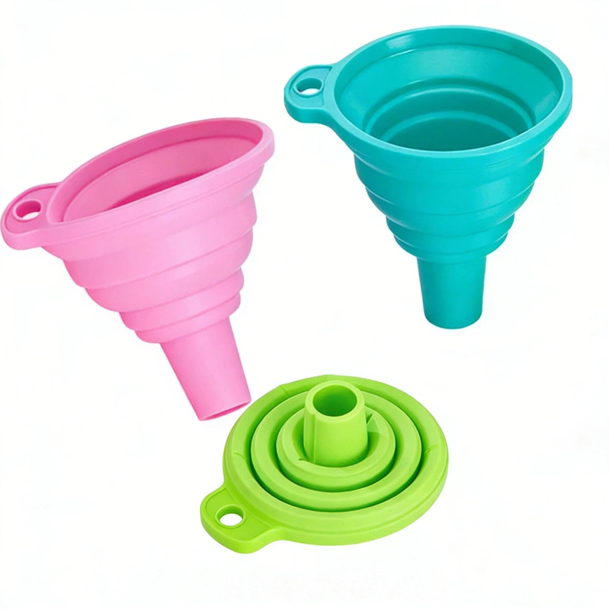 3 Pcs Collapsible Funnel, Silicone Travel Funnels for Filling Bottles Containers Kitchen, Garage & Labs, Bottle Filing Essential Oil, Arts, Crafts, Sand(Pink, Green, Blue)