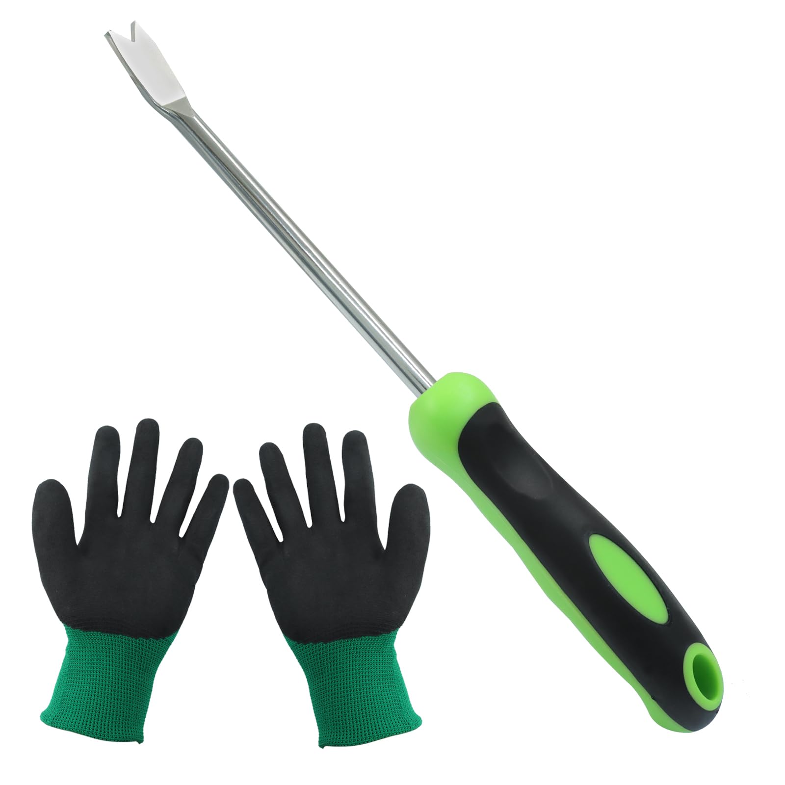 Dandelion Weed Puller Tool *1 with Garden Glove *1 - Green Ergonomic Handle Stainless Steel Weeder for Efficient Root Removal in Patio Lawn Yard, Perfect for Garden Planting