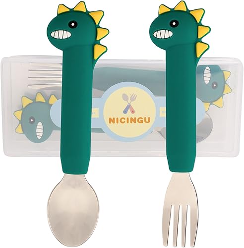 Utensilios para niños, juegos de tenedores y cucharas para bebés, cubiertos para niños con mango de silicona, cucharas de dinosaurio para niños