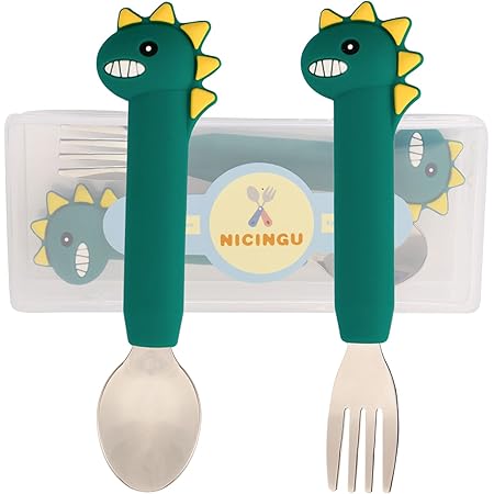 NICINGU Kids Silverware with Silicone Handle,Dinosaur Baby Spoons+Fork,Toddler Utensils