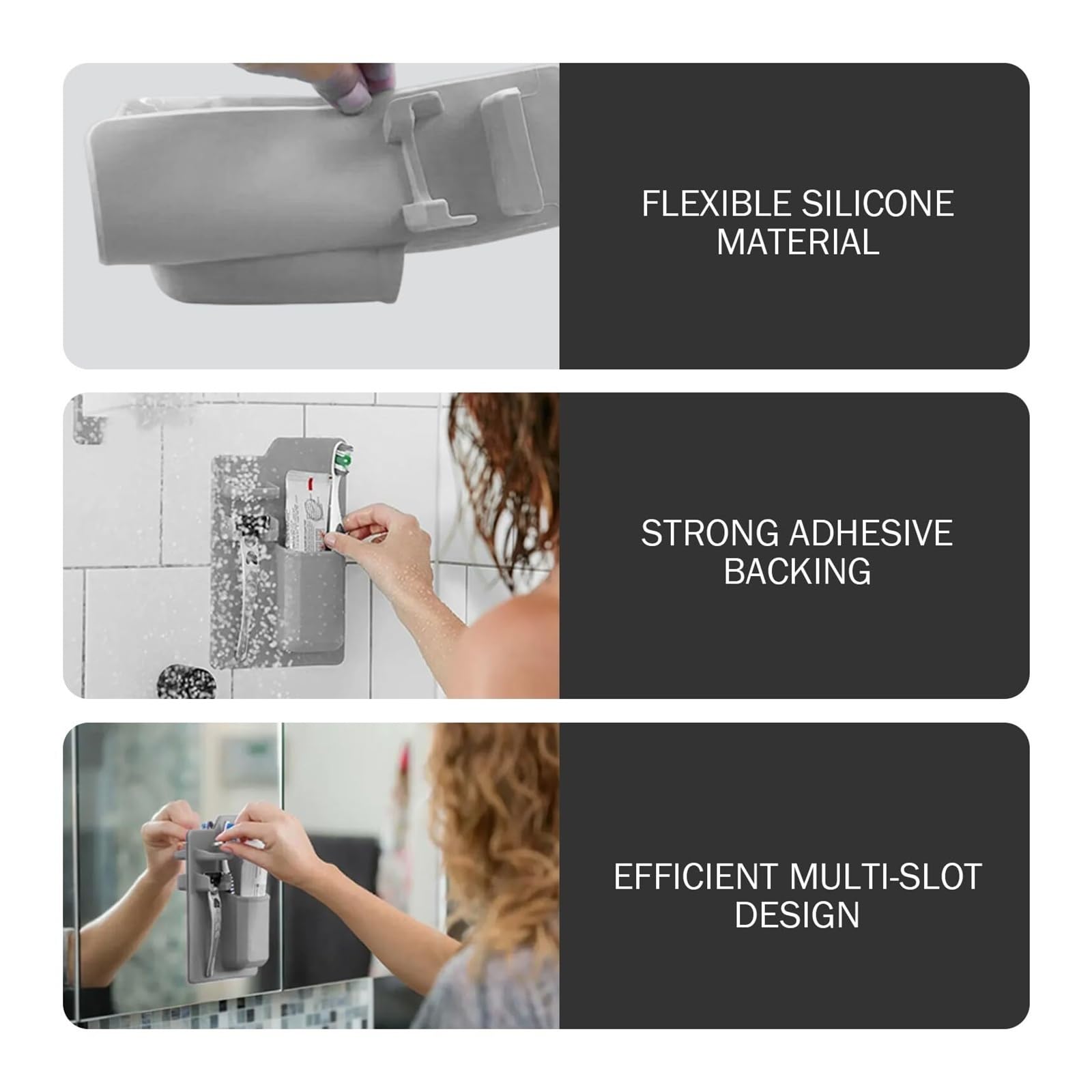 Portacepillos de Dientes Soporte for Cepillo de Dientes, Organizador baño Silicona con Parte Trasera Adhesiva, Almacenamiento montado en la Pared Gris Vaso de Enjuague bucal Reutilizable