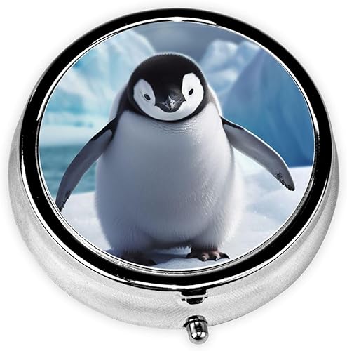Lindo Pingüinos Bebé Tomando Impresión Redonda Pastillero 3 Compartimentos Pastillero Pastillero Portátil para Medicina Diaria Suplemento Vitamina