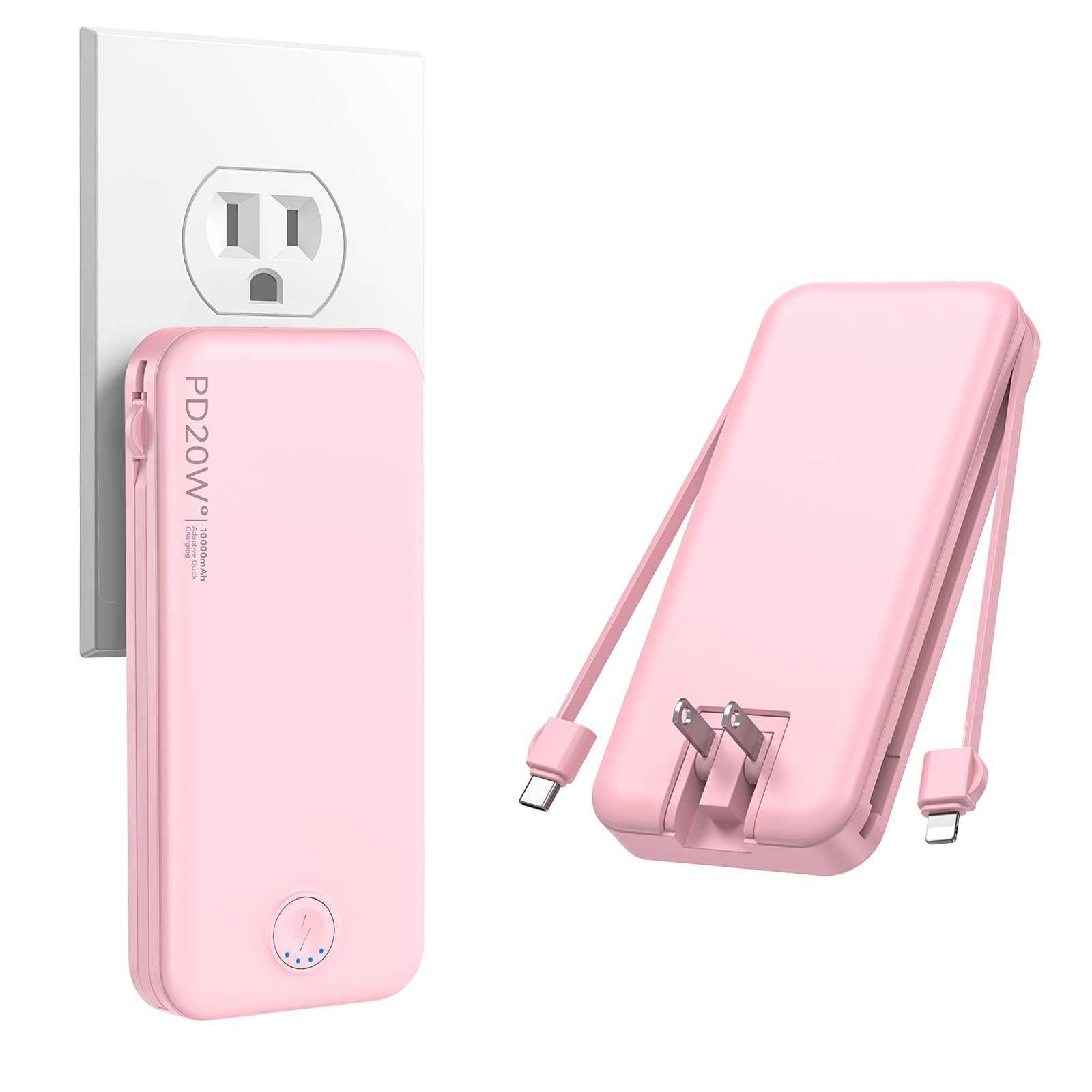 - Portable Charger, 10000mAh PD20W Fast Charging Power Bank with Built-in Cables & Wall Plug, Travel Essentials External Battery Pack, USB C Battery Phone Charger for iPhone, iPad, Samsung Pink