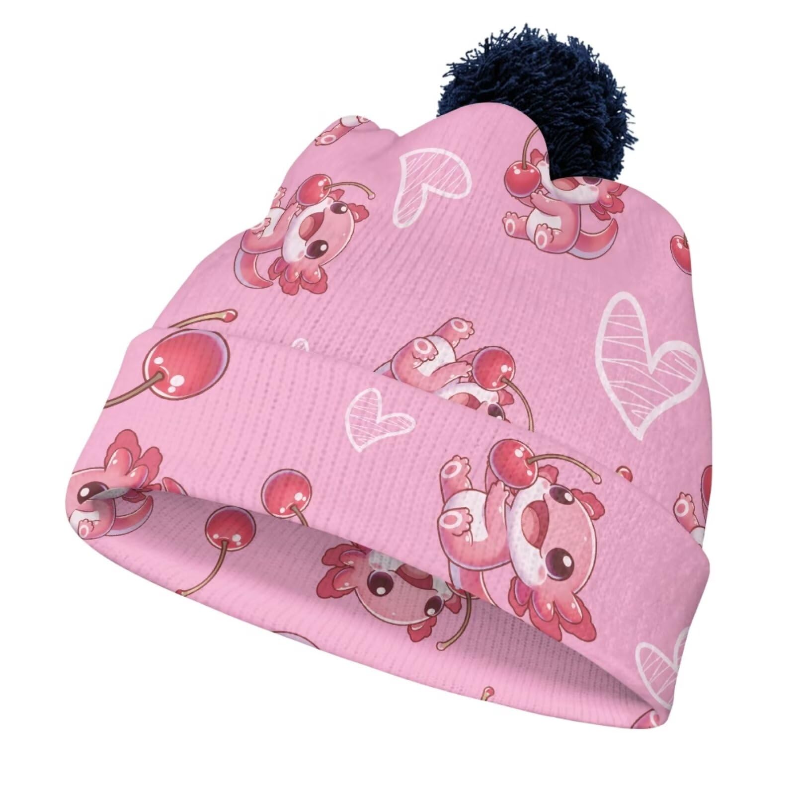 ORGYPET Cherry Axolotl Children's Woolen Hat with Blue Ball Beanies for Boys Colorful Vibrant Toddler Beanie Winter Hats for Kids Children's Woolen Hat with Ball for Everyday Wear