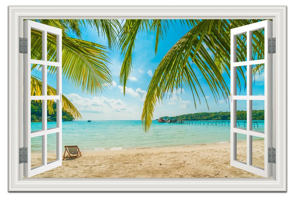Beach Wall Art Decor Tropical Ocean Canvas Picture for Living Room White Window Frame Style Blue Seascape Paiting for Bedroom Coastal Theme Landscape for Home Office Decorations Ready to Hang(24"*36")