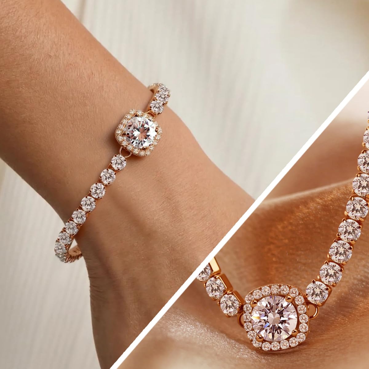 FEIKFEIZ Braccialetto in moissanite a forma di tennis, 2CT 8mm in moissanite coltivato in laboratorio, rivestito in oro rosa 18K, braccialetto d'oro regolabile per donna, regalo di gioielli.