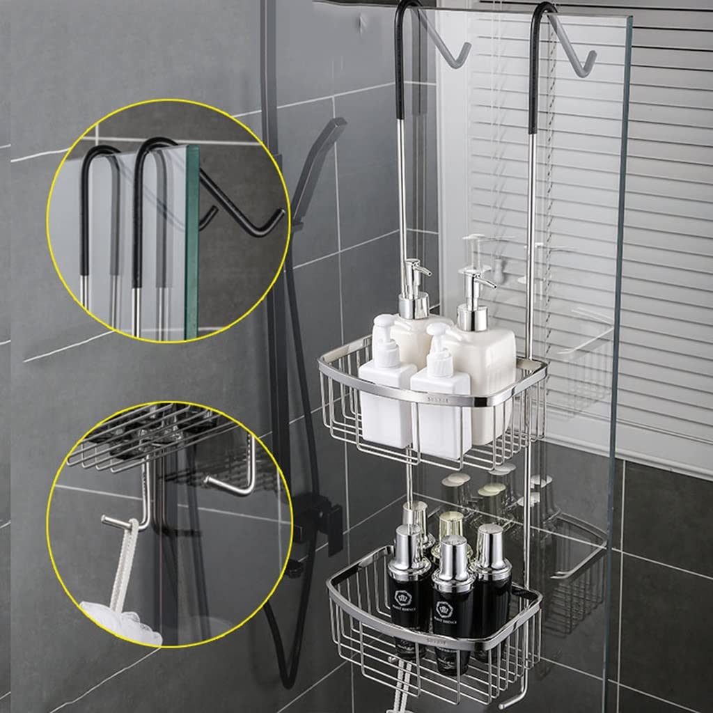 Exquisitos estantes de baño Organizador de carrito de ducha colgante sobre la puerta, bañera de baño de metal y estante de ducha, para cabinas de ducha de baño, bañeras, con 2 ganchos y 2 cestas (Colo