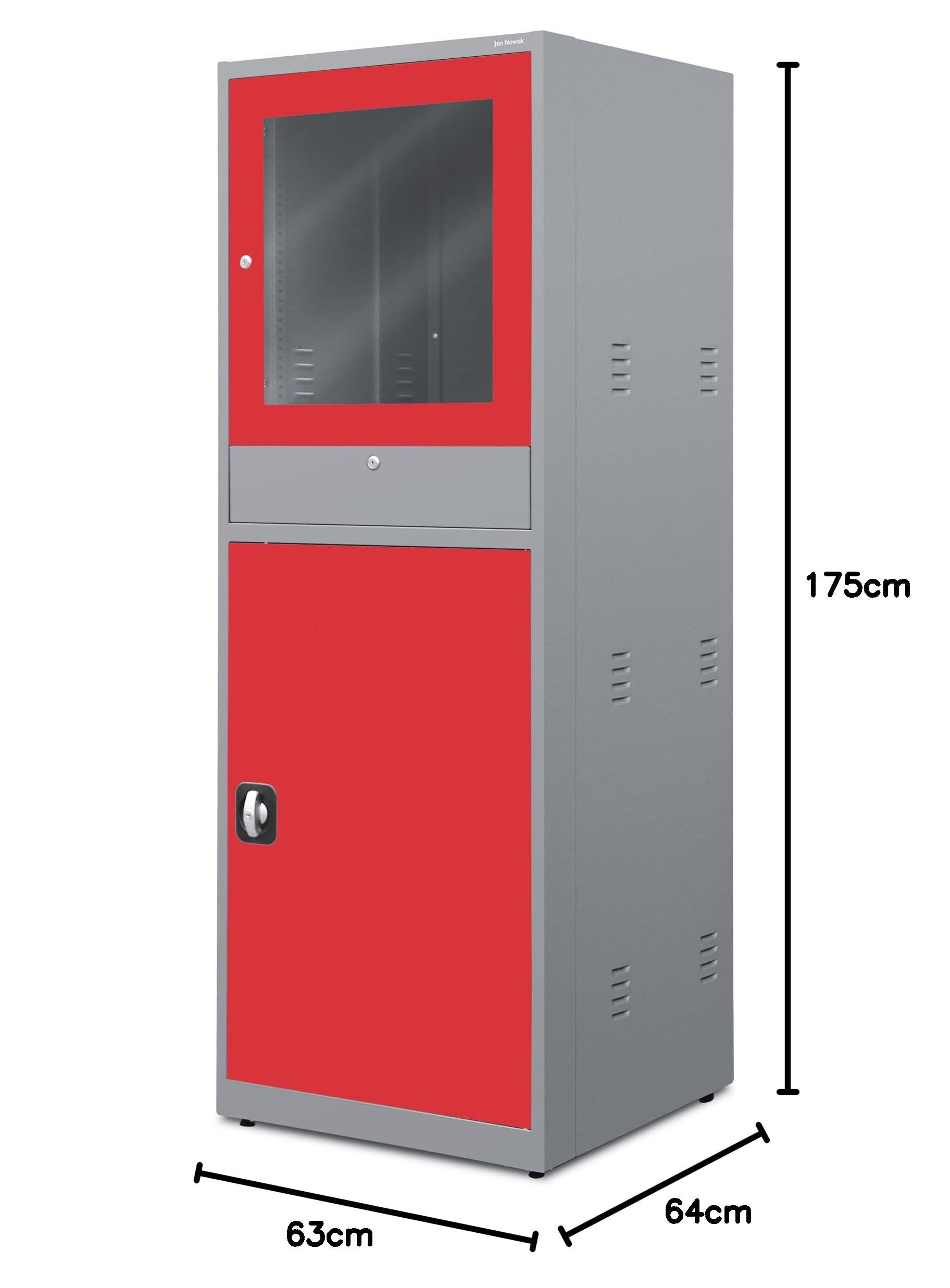 Jan Nowak Poste de Travail Informatique Armoire PC Armoire Informatique avec tiroir pour Atelier Entrepôt Métal 175 cm x 64 cm x 63 cm (Anthracite-Rouge)