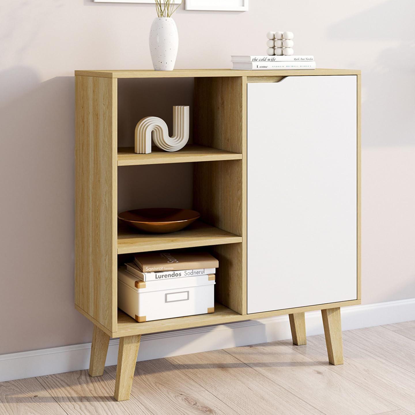 IDMarket - Aparador auxiliar de 3 estantes y armario de 70 cm FINN blanco y madera estilo haya
