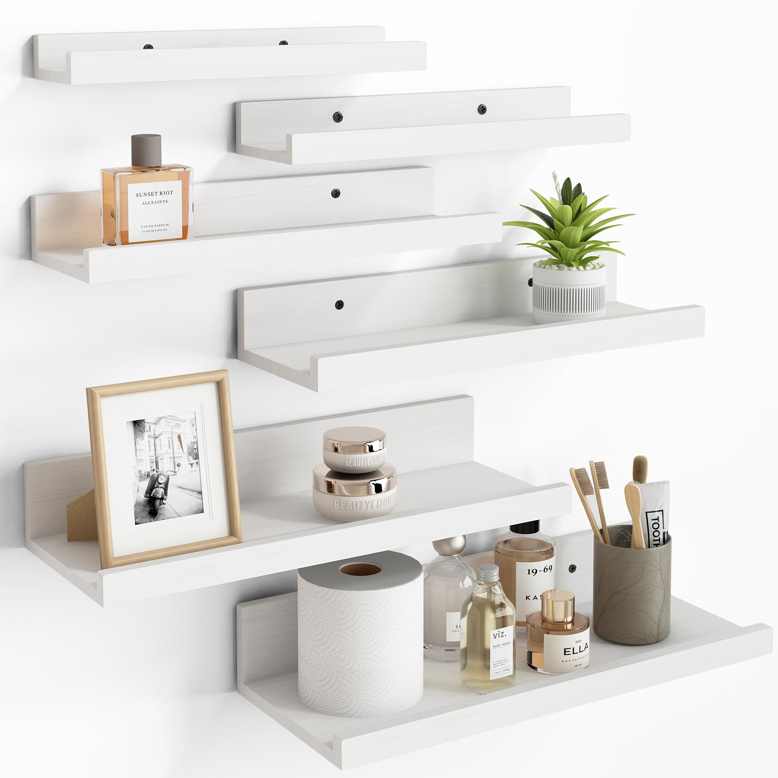 Fixwal Floating Shelves, 6 Sets of Wall Mounted Shelves for Home Decor, Modern Picture Ledge Shelves for Living Room, Bedroom, Bathroom, Kitchen (White)