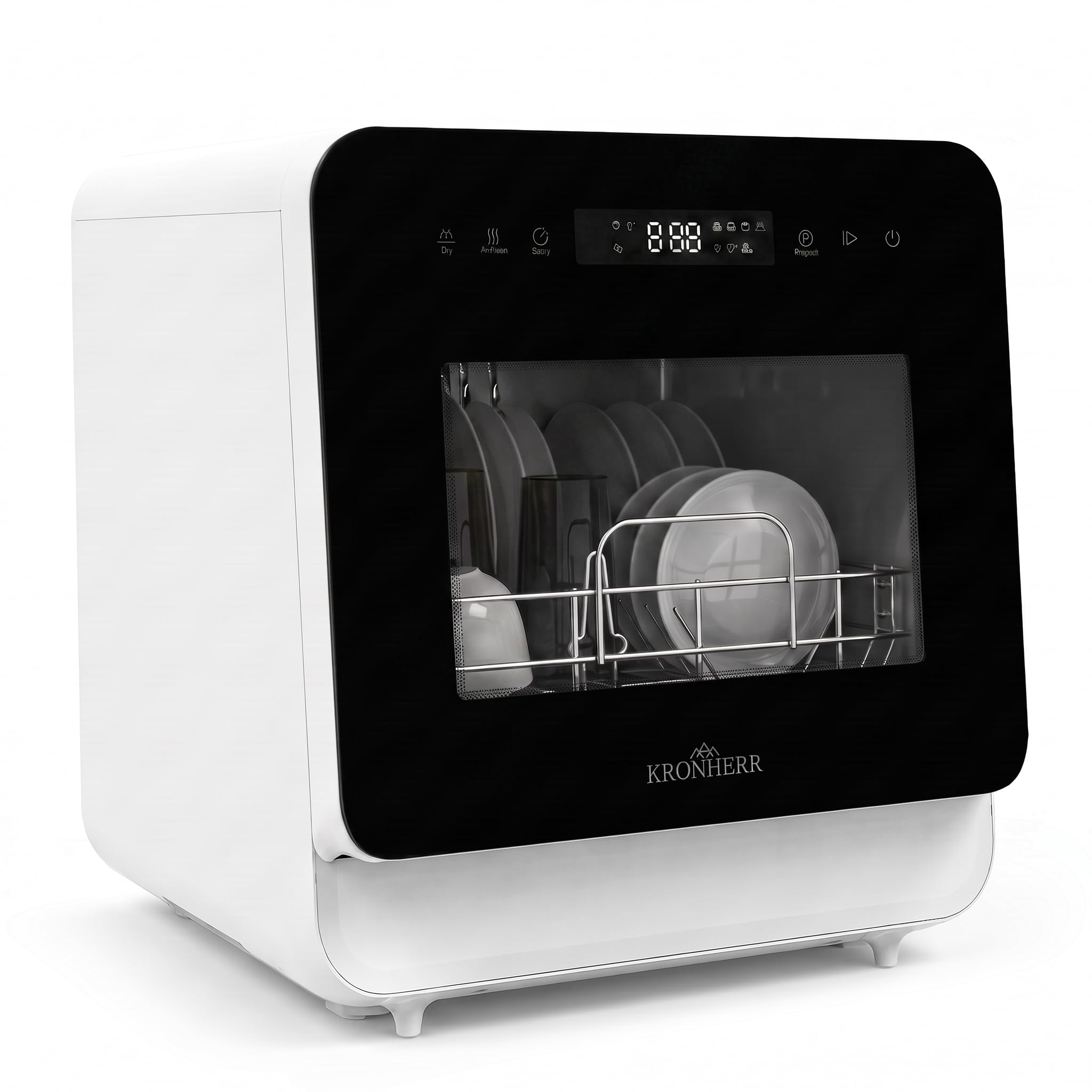 TurboTop Compacta Mini‑Tischgeschirrspüler 5L mit Tank, Weiß mit schwarzer Glasfront – Touch‑Display, 6 Programme (inkl. Trocknen) + Air‑Fresh, Startzeitvorwahl, Sichtfenster, Geschirrkorb