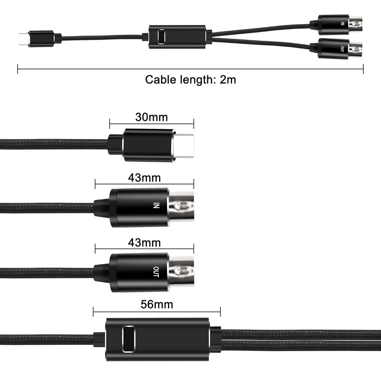 XMSJSIY MIDI a USB Type-C Interface Kabel Adapter 5-Pin MIDI zu Type-C Input&Output Konverter Kabel mit LED Anzeige für Piano Keyboard zu PC Mac Laptop -2M (Type-C)