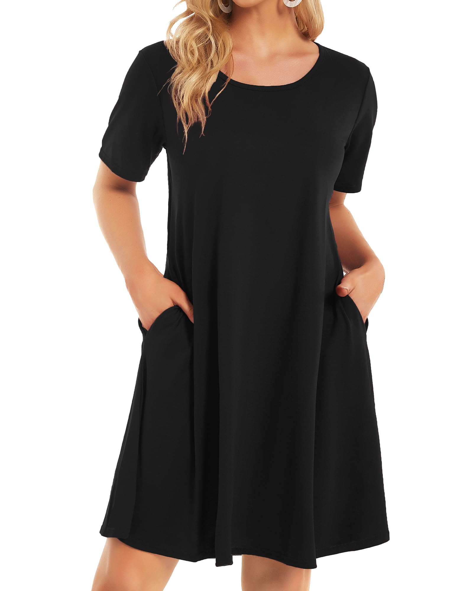 Womens Summer Dresses Beach Casual Loose Tshirt Floral Short Sleeve Flowy Pockets Sundresses, 01 Black, X-Large