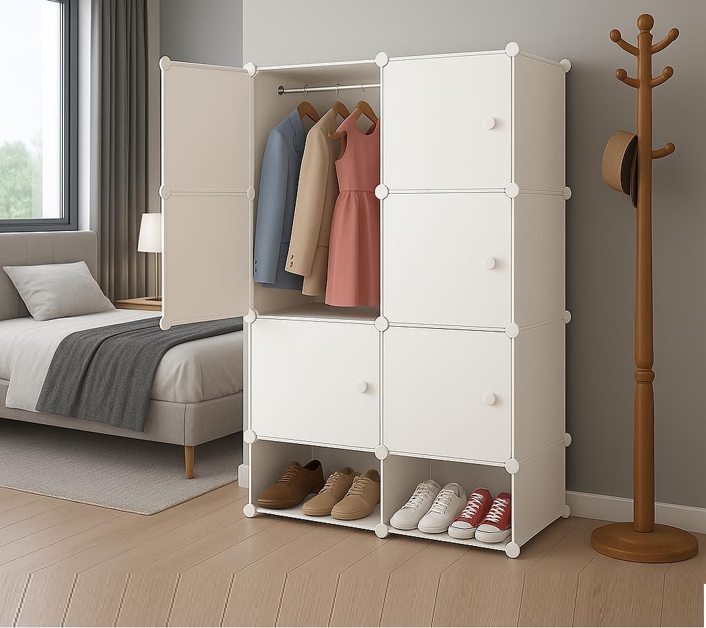 Plastic Wardrobe for Kids, Baby Cupboard for Storage, 6 Cubes Almirah, Cupboard for Clothes, Collapsible Wardrobe for Baby Clothes/Toy/Book for Kids Bedroom (White-HK1, 6-Door)