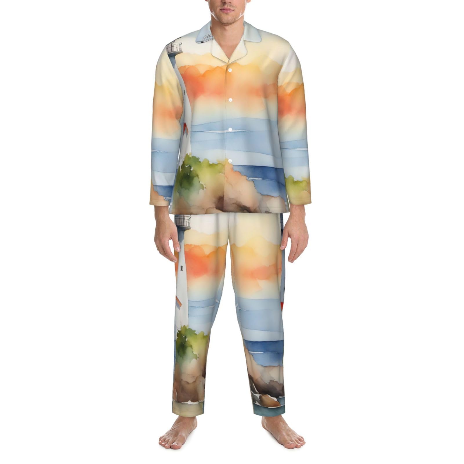 Herren-Pyjama-Set mit Leuchtturm-Aufdruck, langärmelig, zweiteilig, Hauskleidung, bequeme Nachtwäsche