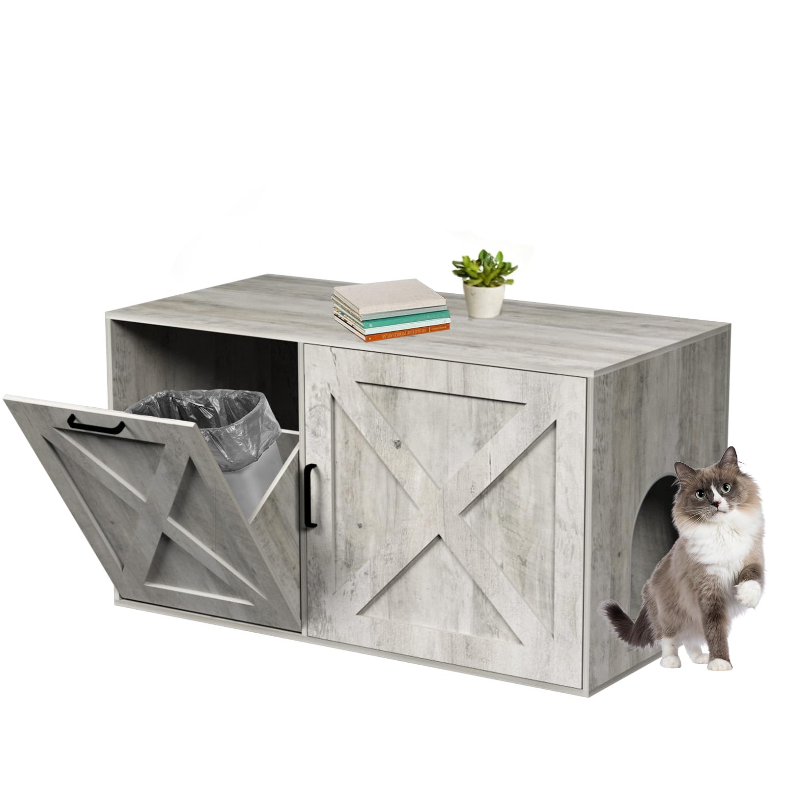 Cat Litter Box Enclosure Furniture with Storage Compartment, Hidden Litter Box Cabinet with Dedicated Space for Trash Can for Living Room, Bedroom, 35.4 x 19.4 x 17.7 Inches，Taupe