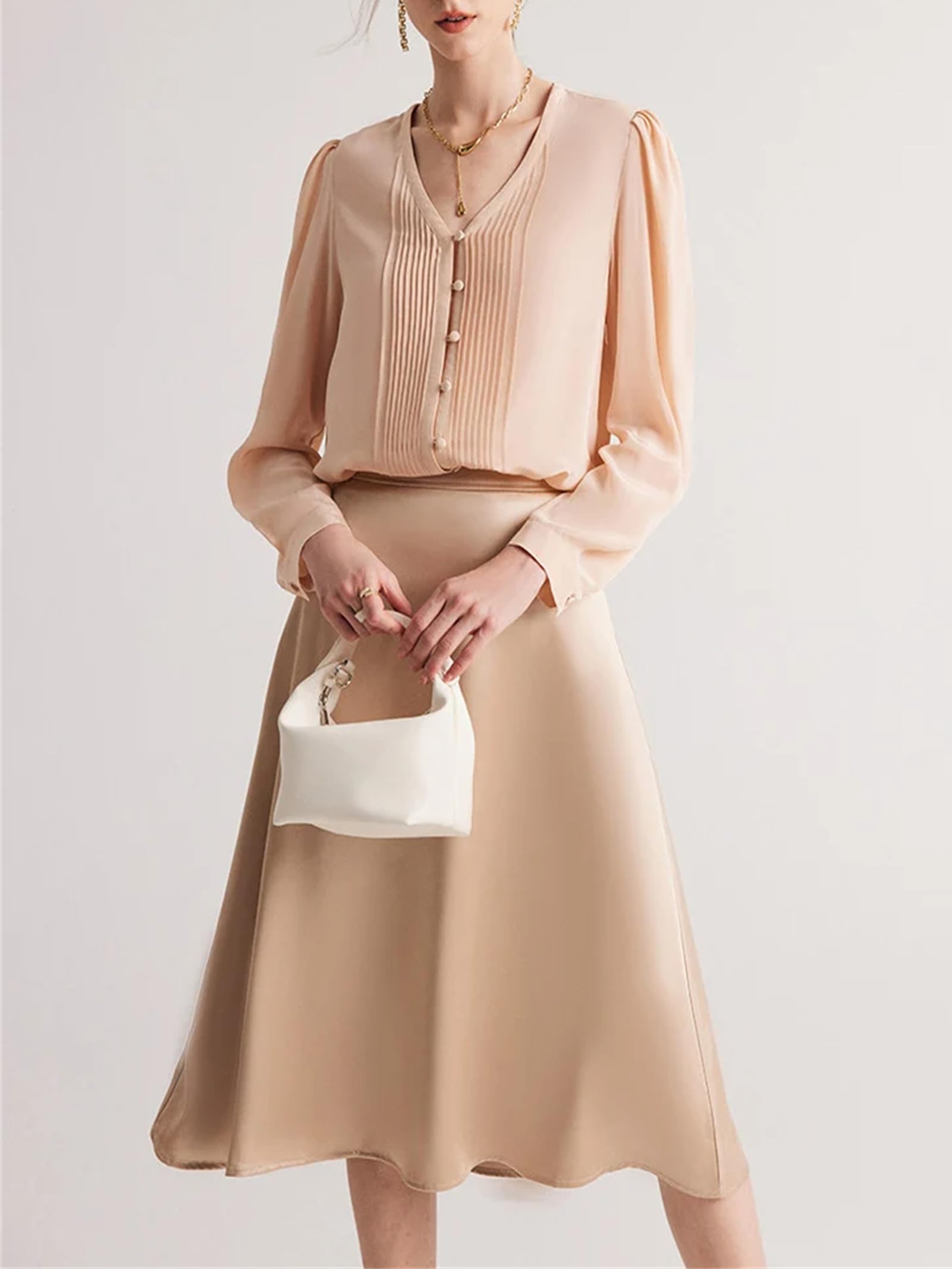 Camisas lisas de seda con cuello en V y manga larga para mujer, blusas elegantes para otoño e invierno, para la oficina