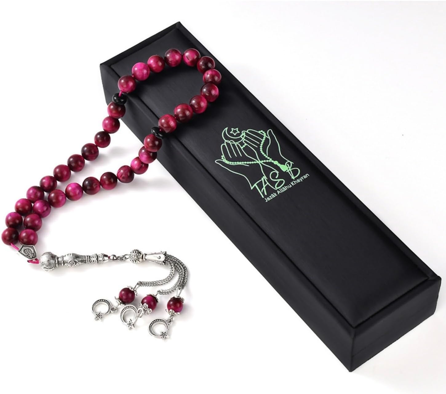 TAS B Tasbih Prayer Beads 33 Pink Tiger Eye Stone (33 Beads - 10 mm) - Masbaha Muslim Rosary - Zikr, Dhikr Subha - Chapelet - Tasbeeh - Islamic Gifts for Women - Handmade Sibha - Eid Gifts
