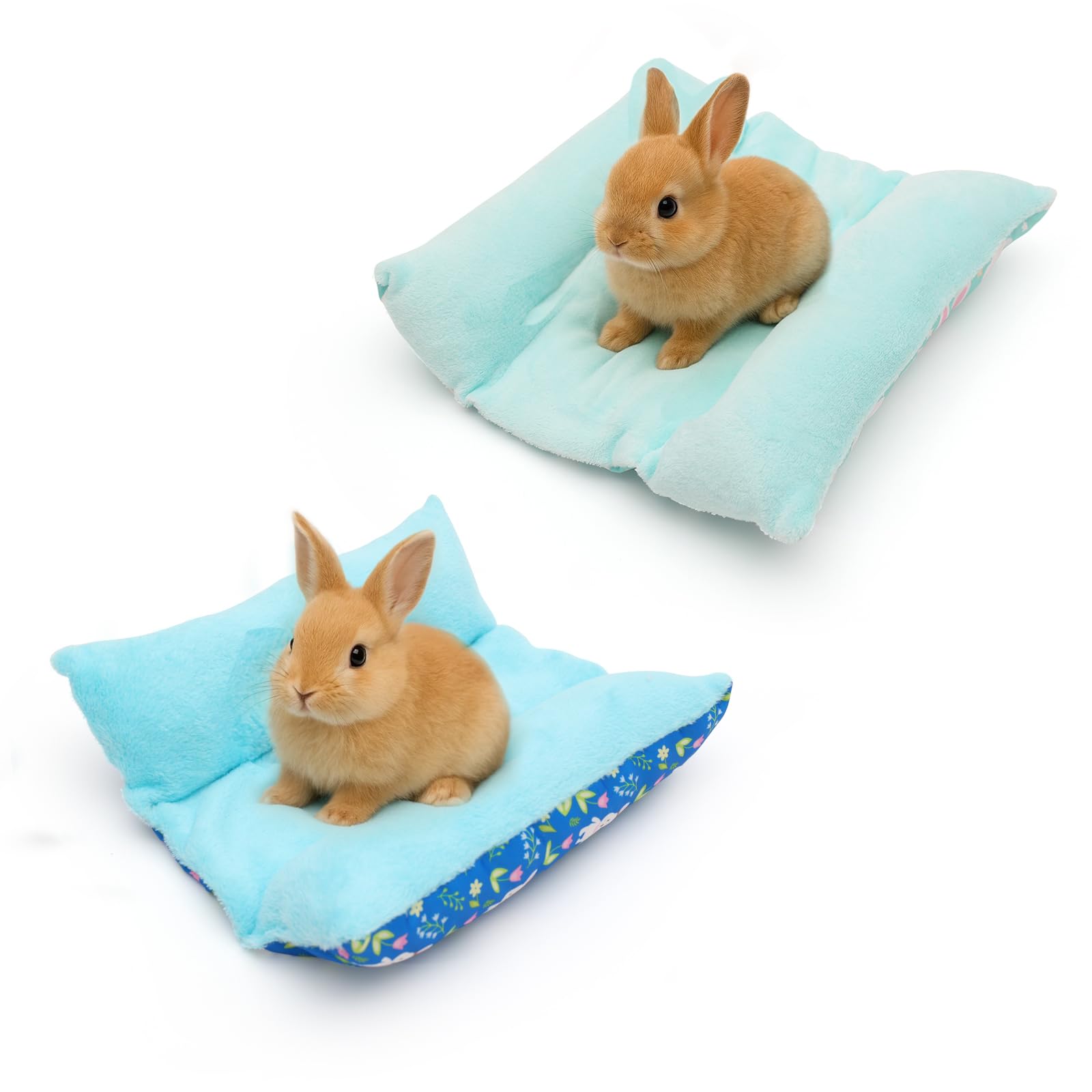 OPEYATOYS 2 Pcs Flannel and Oxford Reversible Rabbit Bed Mat for Small Animals Thickened Concave Design for Rabbits Guinea Pigs Puppy Squirrel 35x32x6cm