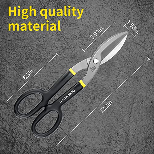 B BOSI TOOLS Tin Snips 12 Inch Flat Blade Metal Cutters Straight Shears Heavy Duty Drop Forged Carbon Steel Blade with Comfortable Rubber Dipped Handle for Cutting Sheet Metal