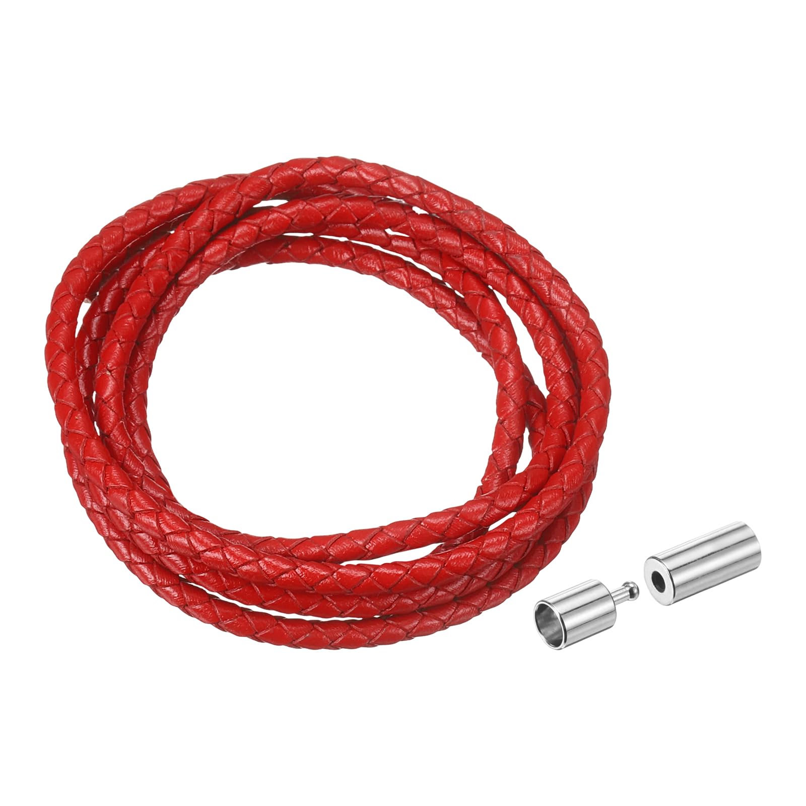 sourcing map Braided Genuine Leather Cord, 4mm 1.1 Yard Round Braiding String with Buttons, Leather Bolo Tie Cord for Crafting, Jewelry Making, Bracelets, Home Decoration, Scarlet