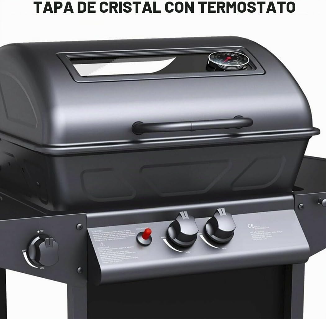 Bakaji - Barbacoa de gas y piedra volcánica con 2 fuegos, parrilla de acero inoxidable con superficie de apoyo y hornillo lateral, 2 ruedas y tapa Grill BBQ para exterior, jardín, terraza