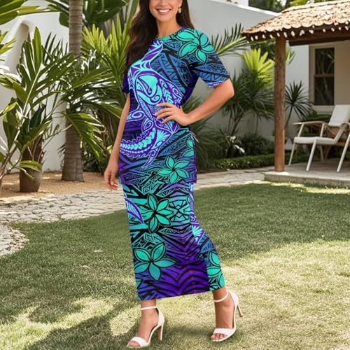 Image of Puletasi Samoan Traditional 2 Piece Outfits for Women Short Sleeve Crop Top and Maxi Skirt Sets Puletasi Dress