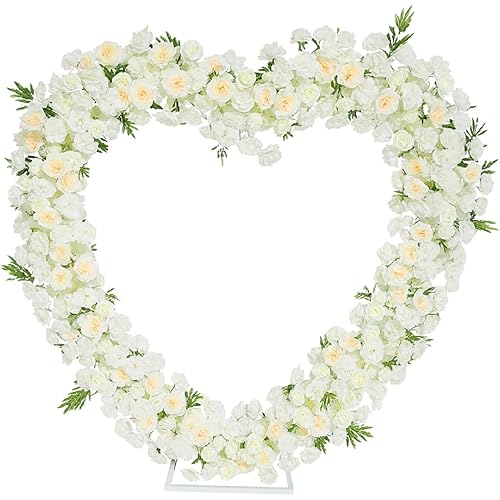 Heart Flower Arch Wedding Arch with Flowers, Romantic Heart Shaped Metal Archway for Indoor Outdoor Ceremony, Proposal, Party & Event Decoration (Champagne White)