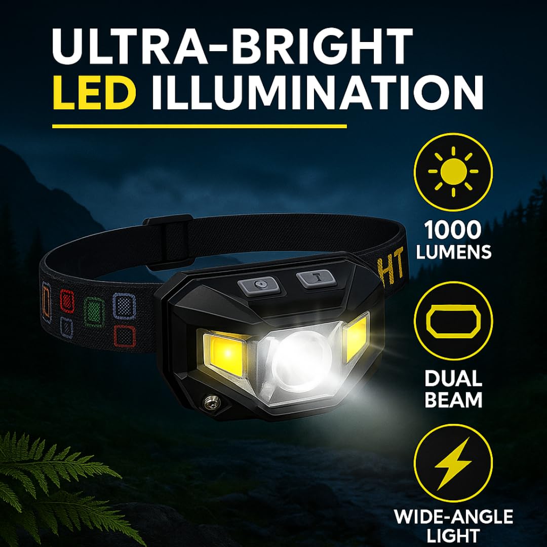 Keeble Outlet - Linterna frontal de 1200 lúmenes, ultrabrillante, LED, recargable, con luz blanca y roja, paquete de 2 faros impermeables con sensor de movimiento para camping, correr, senderismo